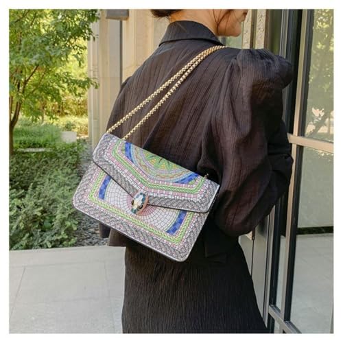 Women Crossbody Chain Purse with Snake Head Decor Square Satchel Handbag, Color-block PU Leather Shoulder Bag Underarm Bag2