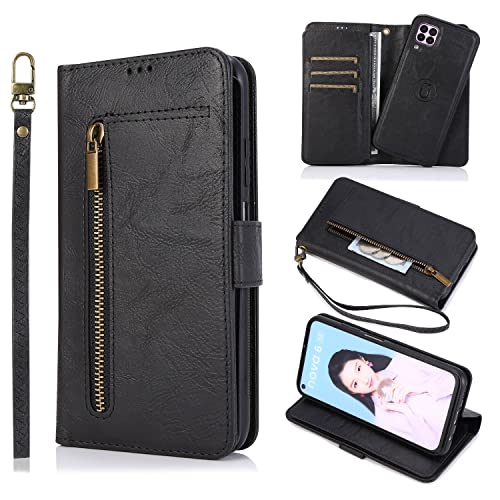 Cubierta de la caja de flip Compatible with Huawei P40 Lite Funda tipo billetera, 2 en 1 Funda de teléfono de cuero PU desmontable Compatible with Huawei P40 Lite, Funda magnética con soporte + Tarjet