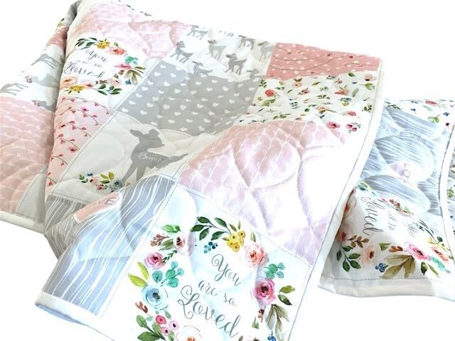 Baby Quilt Blanket - Deer Quilt Wholecloth – Gray Peach Fawn Baby Girl Patchwork - Baby Quilt with Pastel Peach Tones