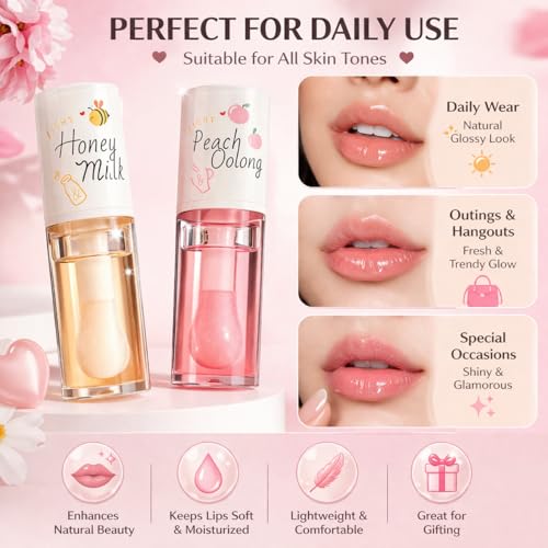Image of Pack of 2 Lip Gloss Set - Honey Milk & Peach Oolong | Hydrating, Non-Sticky, Glossy Finish Lip Oil | Long Lasting Shine Lip Gloss for Women
