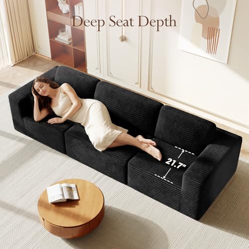 Image of Vesgantti 119 inch Modular Sectional Sofa, Corduroy Cloud Couch with Deep Seating & Spring Support, 3 Seater Flexible Layout Sofa, Boneless Couch for Living Room & Apartment, No Assembly Required, Black
