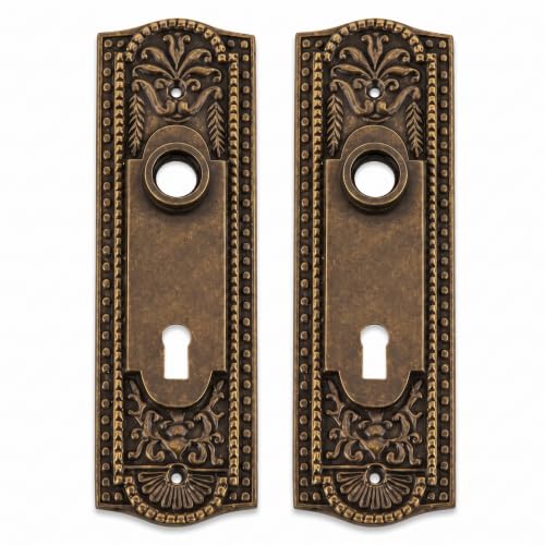 Renovators Supply Manufacturing 2 Pack Mortise Lock Solid Brass Door Plates Antique Brass Finish Victorian Beaded Backplate for Knobs (7¼" H x 2¼" W) Door Escutcheon Keyhole Cover Plate