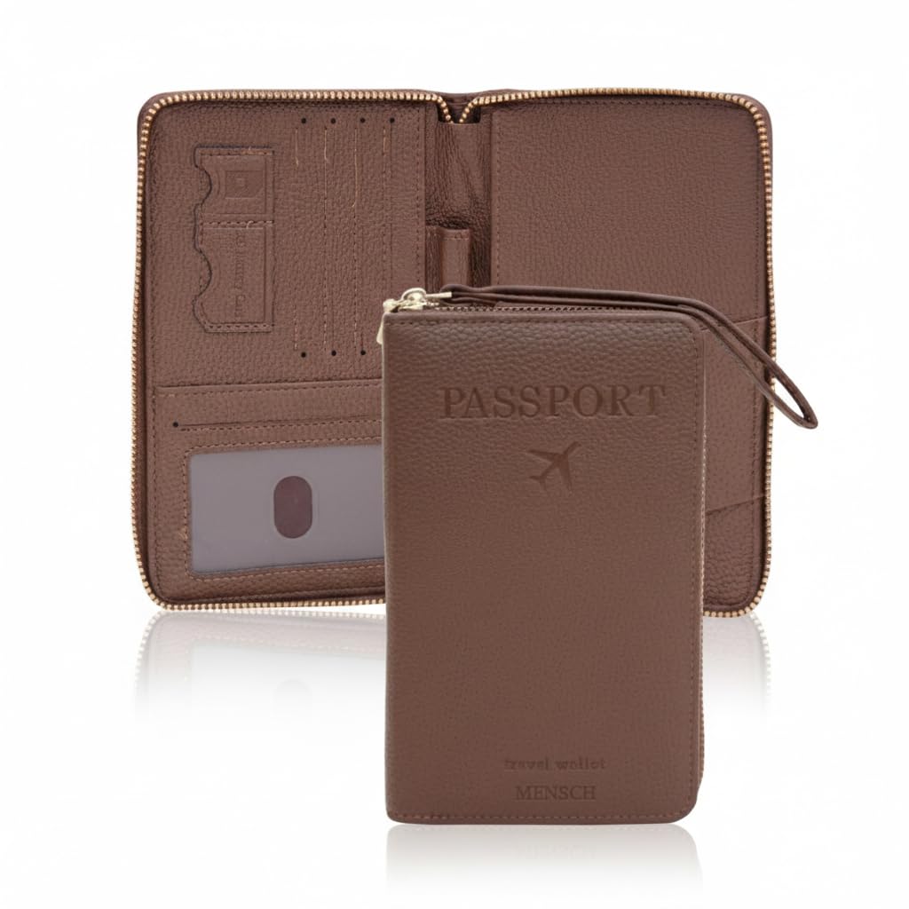 Faux Leather Passport Holder & Travel Wallet for Men & Women | Zipper Closure | Card Slots, Cash & Passport Organizer | (Light Brown)-image-40