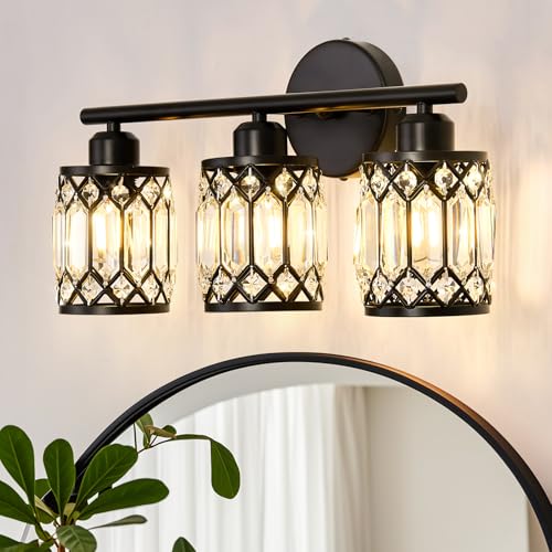 Image of CVKASH 3 Light Bathroom Vanity Light Fixture Over Mirror Black Vintage Vanity Lights with Glass Shade Farmhouse Wall Sceonce for Bedroom Dressing Room Living Room Hallway Cabinet