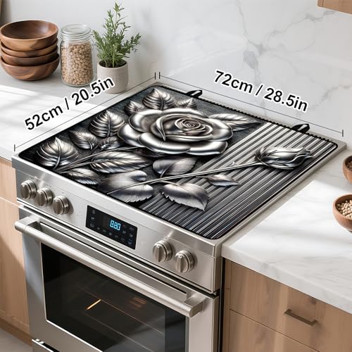 Image of Silver Rose Stove Top Cover Retro Flower Gas Stove Top Cover for Home Decoration Kitchen Pad Non-Stick Washable Cooktop Covers Countertop Protector Keep Stove Clean 28 inchx20 inch