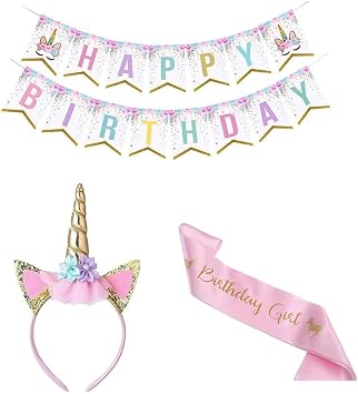 Unicorn Happy Birthday Banner Pink Unicorn Headband Birthday Girl Sash Set for Unicorn Birthday Party Decoration Supplies
