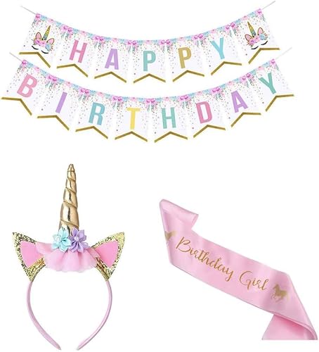 Unicorn Happy Birthday Banner Pink Unicorn Headband Birthday Girl Sash Set for Birthday Party Decoration Supplies