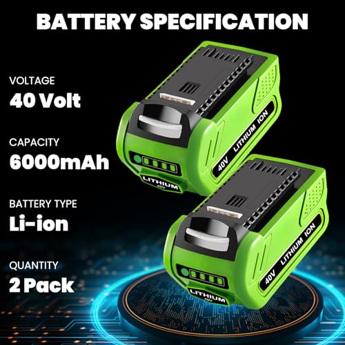 Image of 2Pack 40V 6000mAh Batteries and Charger Replacement for Greenworks 40V Battery and Charger, Compatible with Greenworks 40Volt GMAX Lithium 29462 29472 29252 22262 25322 Cordless Tools