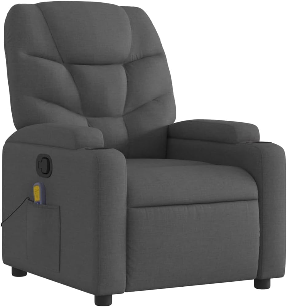 vidaXL Massage Recliner Chair - Manual, Vibrating, Dark Gray Fabric, Multi-Position, Foam Padded, Cup Holders, Solid Wood/Metal Frame for Office, Living Room, Bedroom