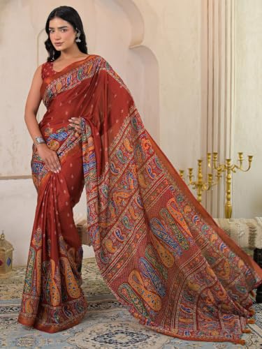 Image of SIRIL Women's Printed Silk Saree with Zari Border & Tassels