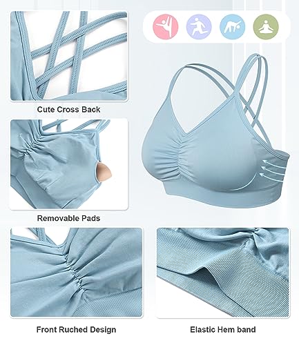 Image of VEQKING Ruched Sports Bras for Women Large Bust, Seamless Yoga Bra, 3 Pack | Removable Padded, Strappy Criss Cross Back, Medium Support for Yoga, Pilates & Gym, Full Coverage, No Bounce, No Spillage