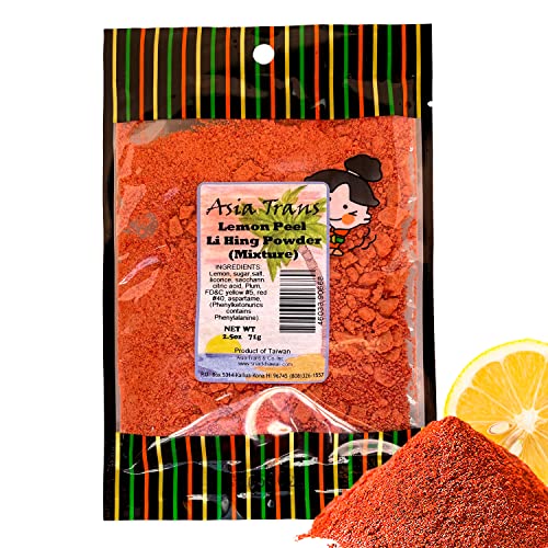 Lemon Peel Red Li Hing Mui Powder - Flavor Fresh Fruit, Candy, Shave Ice or Cocktail Drinks - Sweet, Sour & Salted Dried Plum Powder - Asian Hawaiian Snack - 2.5 Ounce