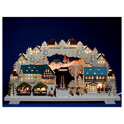 Großer 3D - Schwibbogen 68cm Weihnachtsmarkt mit elektrischer Pyramide - Feine Handarbeit aus dem Erzgebirge - Lichterbogen für Weihnachten
