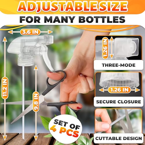 Image of 4 Pack Spray Bottle Nozzle Replacement - Adjustable Length Mist & Stream Spray Tops for Bottles 8 Oz & 16 Oz Bottle, Durable Trigger Sprayer Nozzles for Cleaning, Gardening, Salon and Home Use