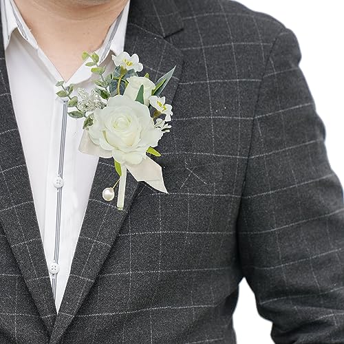 BENCENTRE White Boutonniere for Men, Groom Boutonniere for Wedding Ceremony Anniversary, Dinner Party, Prom Flowers and Vintage Fall Wedding Artificial Flower
