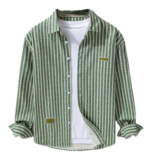 CXLCZNKG Men's Shirt Korean Style Retro Spring and Summer Casual Striped Long-Sleeve top for men-Green02-Medium