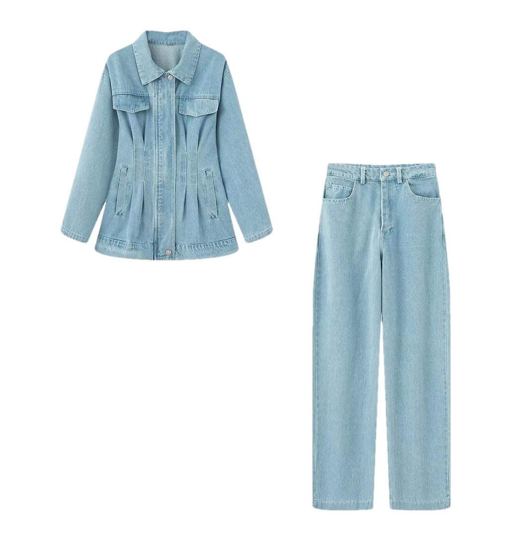 Women 2025 Summer Casual Fashionable Pleated Long Sleeved Denim Lapel Jacket and Straight Trousers Set