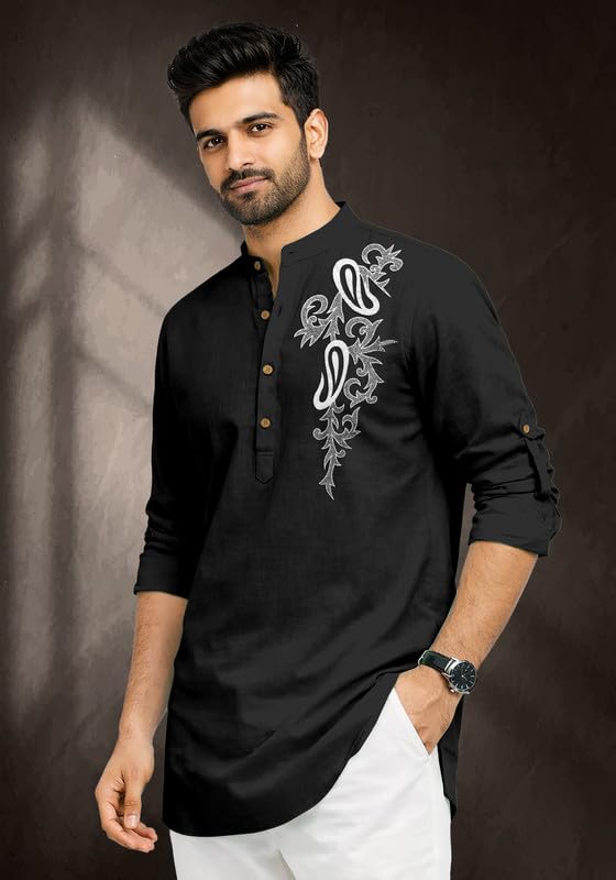 Image of Cotton Blend Self Design Printed Casual Short Kurta for Men Long Sleeve Mandarin Collar Stylish Kurta Shirt for Men