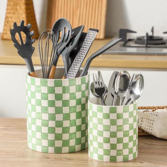 Kitchen Utensil Holder,6.3Inch Ceramic Checkered Cooking Utensil Holder, Spatula Utensil Crock for Kitchen Countertop , Housewarming Gift, Home Decor and Kitchen Accessories, Modern Farmhouse (L+S)