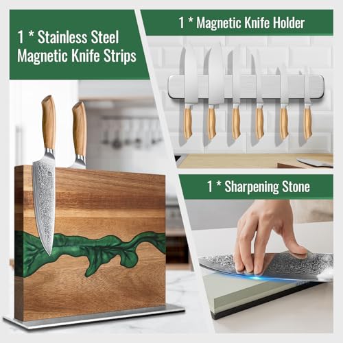 Magnetic Knife Block with Sharpening Stone and Stainless Steel Magnetic Knife Strip, Emojoy Double Side Magnetic Knife Holder, Acacia Wood Knife Block and Green Resin