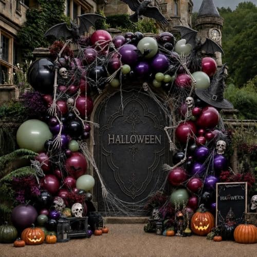 Image of Halloween Balloon Arch Double Stuffed Green Purple Burgundy Black Balloons