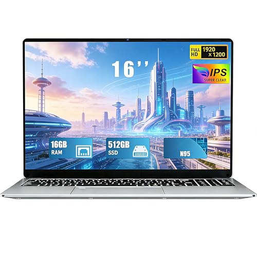 FUNYET 2026 Ordenador Portátil 16'' RAM 16GB M.2 SSD 512 GB Expansión 1TB Portátil 4 Cores Celeron N95 hasta 3.4 GHz Win 11 Pro Laptop FHD 1920×1200 USB 3.0 BT 5.0 WiFi 5 HDMI Teclado Retroiluminado