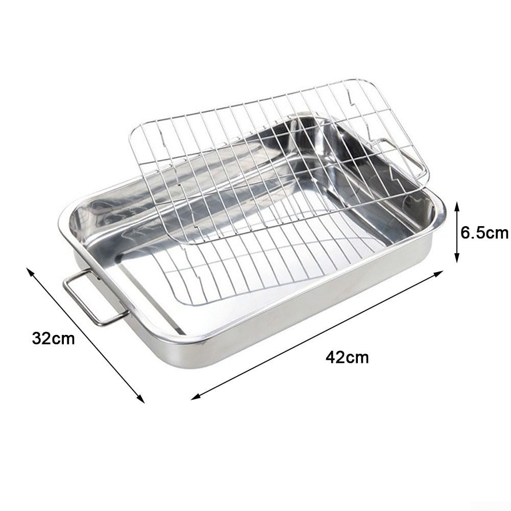 Juego de bandejas para asar, bandeja de horno de acero inoxidable con rejilla de alambre de acero, bandeja para hornear con estante para mayor comodidad (42 x 32 x 6,5 cm), 1178990180