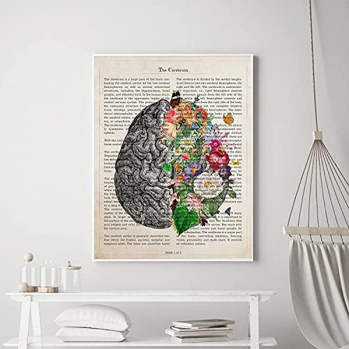 WMHHN Leinwandbild, 50 x 70 cm, Rahmenlos, Gehirn-Kunst, Blume, Anatomie, Bild, Psychologie, Neurologe, Arzt, medizinisches Poster, Klinik, Heimdekoration