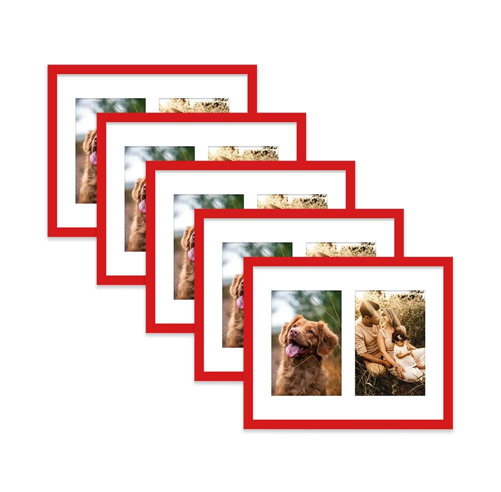 Red Multi Photo Frame - Holds 2 x 6x4 Pictures, Family Collage Picture Frame for Wall Display, 10x8 Frame size, Set of 5