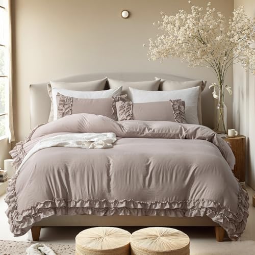 Bedorm Taupe King Comforter Shabby Chic Ruffled Bedding Set Taupe