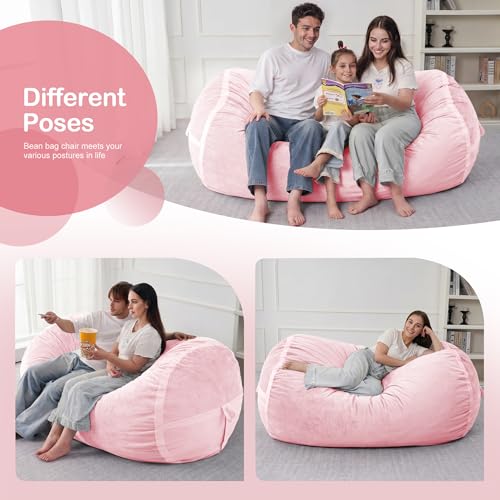 Image of 6FT Bean Bag Chair 6'Giant Bean Bag Chairs with Adults, Large Beanbag Chair | Bean bag Lounger with Machine Washable Cover Dutch Velvet Fabric, Comfy Chairs for Living Room Bedroom Dorm, Pink
