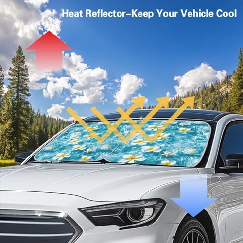 Image of 2 PCS Car Windshield Sun Shade, Foldable Hawaiian Flowers Windshield Sunshade Car Front Window Sunshade, Auto Sun Heat and UV Rays Blocker, Car Interior Accessories