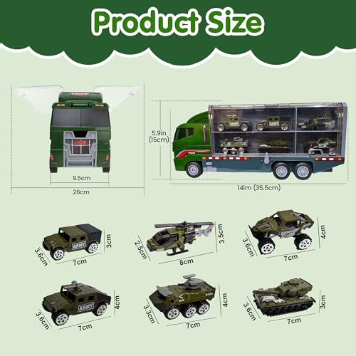 Image of Kidology Military Truck Toy Set 6-in-1 Army Vehicle Transport Truck with Mini Tanks, Helicopter, Combat Cars, and Carrier, Military Toy Vehicles for Boys & Girls, Kids Ages 3+