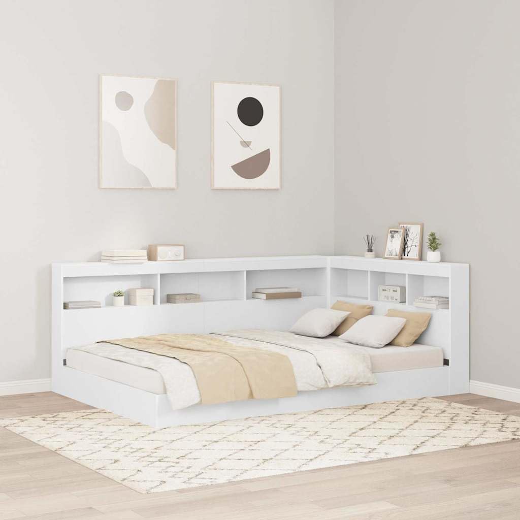 Tête de lit moderne avec espace de rangement en blanc, tête de lit multifonctionnelle en forme de L en bois, espace de rangement avec station de charge intégrée, en blanc avec étagères de