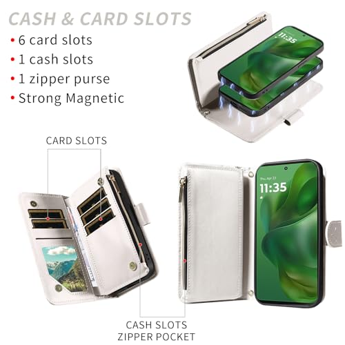 Asuwish Capa de telefone para Motorola Moto G Power 5G 2025 carteira com zíper destacável capa magnética protetora de tela alça transversal alça com glitter porta-cartões slots XT2515-1 mulheres