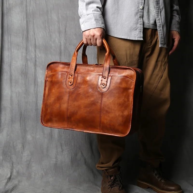 JSEIAJB Retro Men's Briefcase Cowhide Handbag Travel Bag Handmade Leather Laptop Business Bag Shoulder Crossbody Bag3