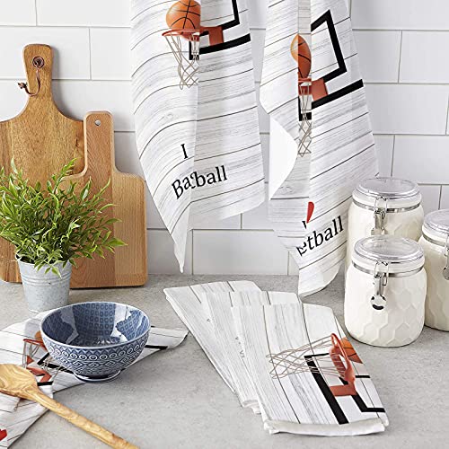 Kitchen Towels Set I Love Basketball Dish Towel Sport Wood Grain Dishcloths 2 Pack, 18X28 Inches Absorbent Soft Cotton Dish Cloths Bar Towels & Tea Towels #TOP2