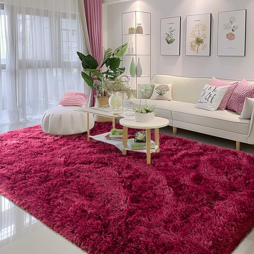 Living Room Rugs 6x9 Wine Red- Non Slip 1.4" Height Pile Plush Rug - Fluffy Throw Carpet for Bedroom - Burgundy