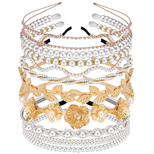 MTLEE 10 Pcs Headbands for Women Girls Rhinestone Headband Gold Pearls Headband Metal Flower Leaf Head Bands Bridal Wedding Hair Accessories for Women, 10 Count (Pack of 1)