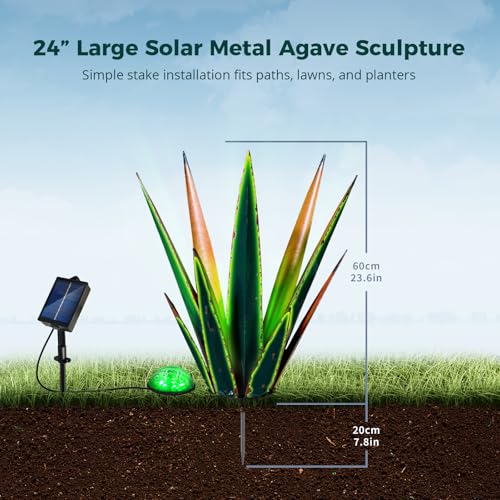Image of KODIBO 24 inch Metal Agave Plant Outdoor Decor with Solar Light, Vintage Green