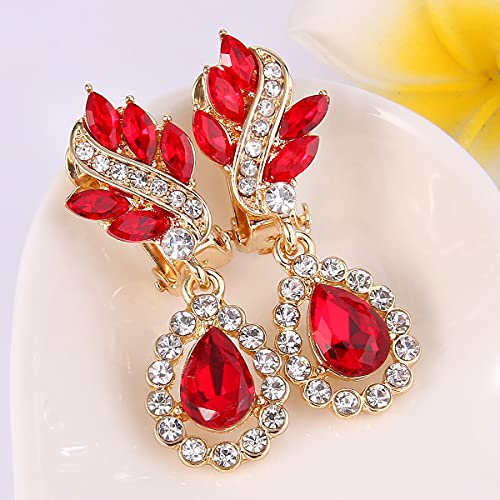 Elequeen Women's Austrian Crystal Art Deco Tear Drop Dangle Earrings Clip-On Gold-Tone Ruby Color #TOP4