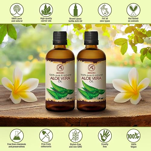 Aromatika Trust The Power Of Nature OALOE2X100 Aromatika Aloe Vera Oil Pure Set 6.8 Fl Oz – 100% Natural - Glass Bottle - Aloe Vera Oil Base Oil - Aloe Barbadensis - Brazil - Refined - Intensive Care For Face - Body - Hair - Hands - Massage thumb #2