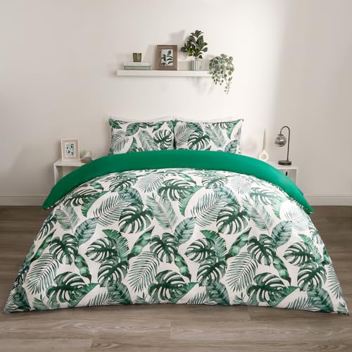 OHS Leaf Green Double Duvet Set, Reversible Bedding Super Soft Double Quilt Cover Green Luxury Decorative Tropical Double Bed Bedding Sets, Forest Green