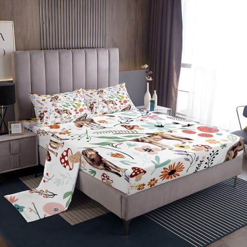Erosebridal Cute Wolf Bed Sheets Set Mushroom Floral Twin Sheet Set for Boys,Cartoon Animal Sheets Watercolor Flowers Leaves Toddler Flat Fitted Sheet for Girls Kids Children,Kawaii Room Dec