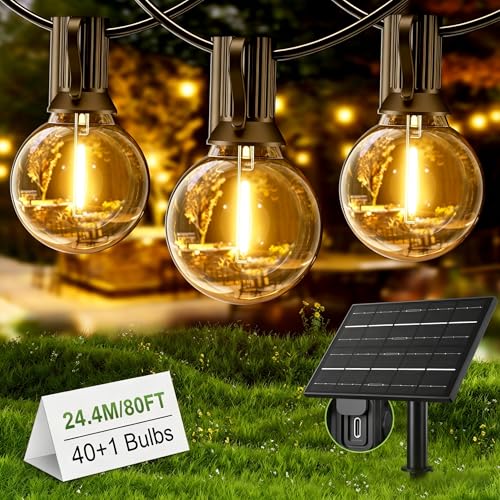 Yuusei Guirlande Lumineuse Exterieure Solaire, 24,4M Guirlande Guinguette Exterieur LED, étanche IP65 & USB, 40+1 G40 Ampoules Incassables pour Terrasse Deco...