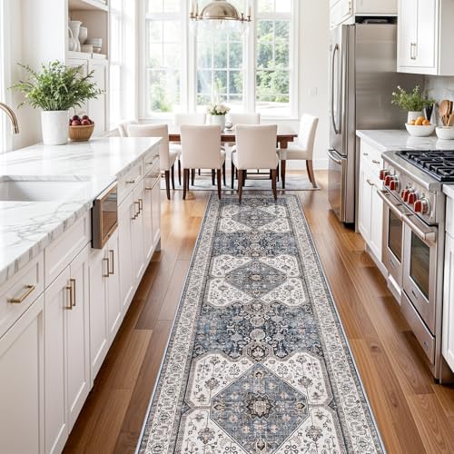 RUUGME Washable 3X12 Runner Rugs - Boho Rugs for Living Room Stain Resistant Carpet Vintage Rugs for Bedroom Kitchen with Non Slip Backing Home Decor Floor Decoration Mat 3x12 Navy