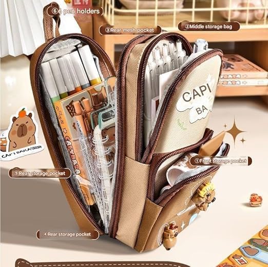 Image of Invite Enterprise Three Layer School Bag-Shaped Pencil Pouch, Large-Capacity Pencil Pouch with Zipper, Multipurpose Pen & Pencil Case for School Supplies for Boys & Girls (Capybara - AA)