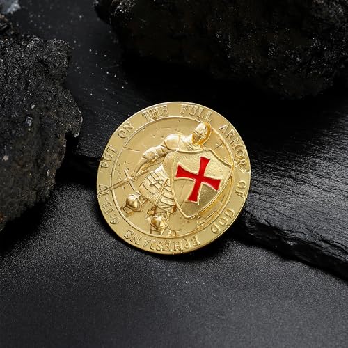 Image of Gold-Tone Knights Templar Brooch Medieval Knight Armor Pin - inchPut on the Full Armor of God inch Ephesians 6:13-17 Inspirational Brooch Religious Jewelry