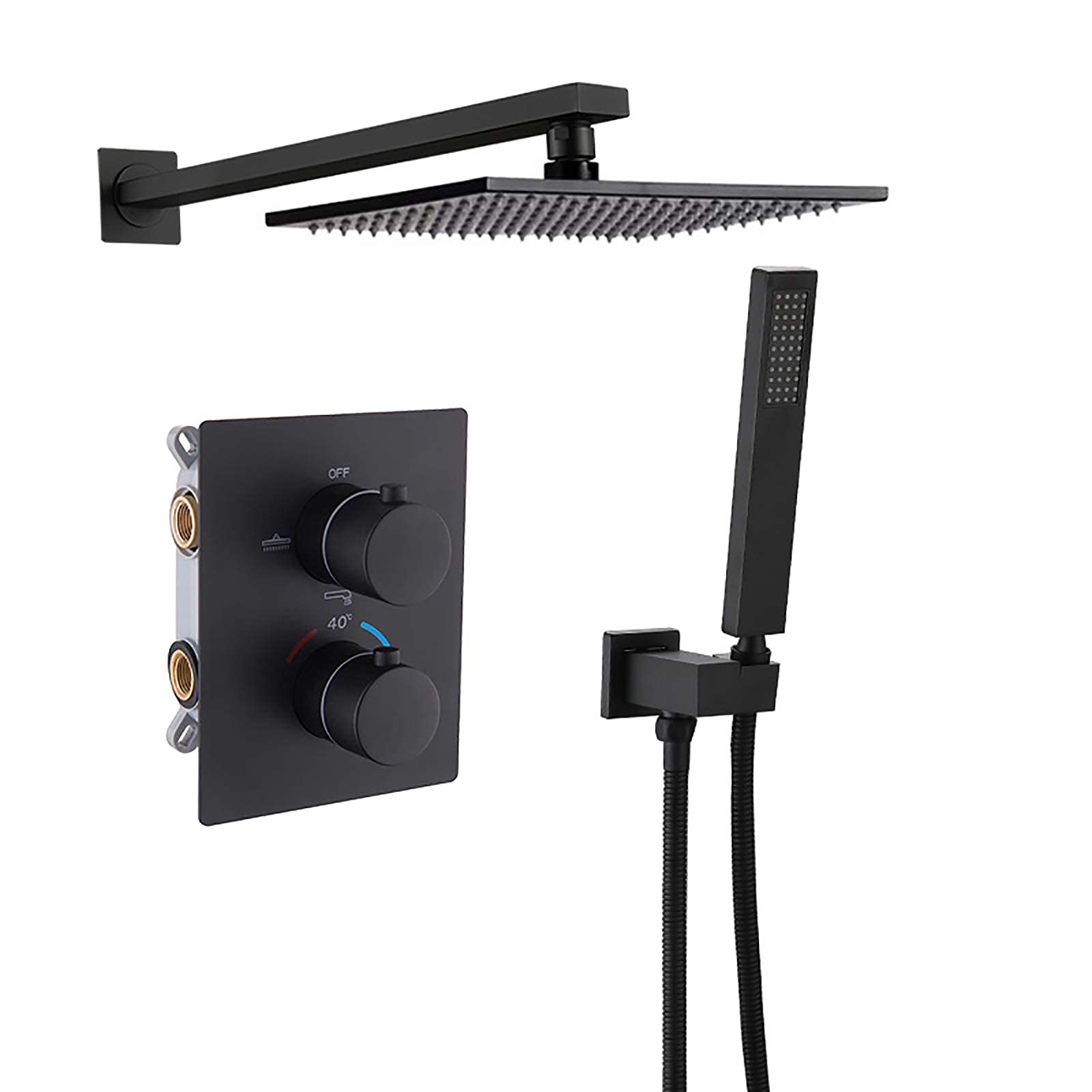 CWCQGH Thermostatic Shower Combo Set Wall Mounted Black Bathroom Shower Faucet Set with 10 Inches Brass Shower Head, Handheld Shower, Embedded Box