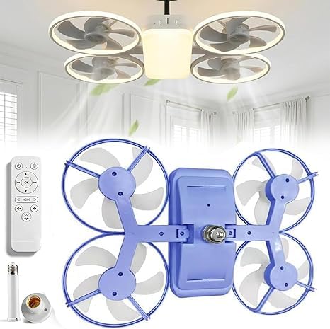 VIMAZ Drone-Style LED Ceiling Fan Light, 3 Color Modes & 3 Speeds, E27 Socket with Remote, Foldable Blades, Quiet Small Fan Light for Bedroom Kitchen (Blue)